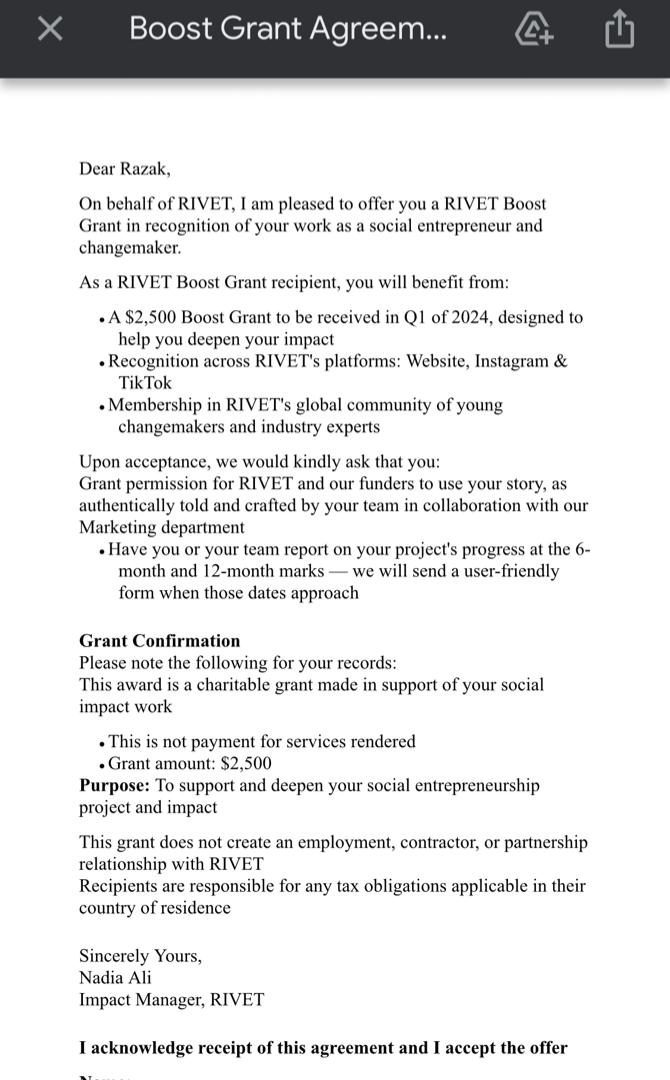 Rivets Global Grant